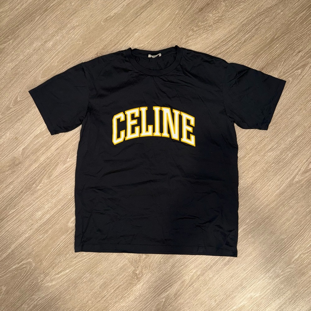 Celine Black Tee with Vibrant Yellow Lettering